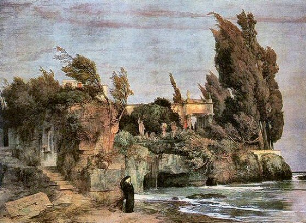 Arnold Böcklin : villa en bord de mer, qui rappelle grandement l’île des morts.