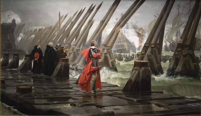 Henri-Paul Motte, Le Cardinal de Richelieu au siège de La Rochelle \(1881\) Le siège vu cette fois-ci de façon plus documentaire avec la digue qui barre l’accès au port :