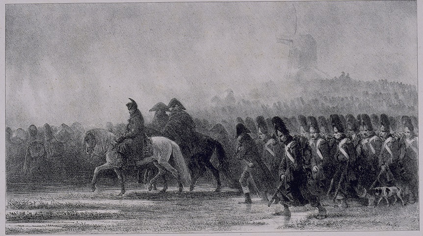 Lithographie de Raffet : “ils grognaient et le suivaient toujours”, “la revue nocturne”