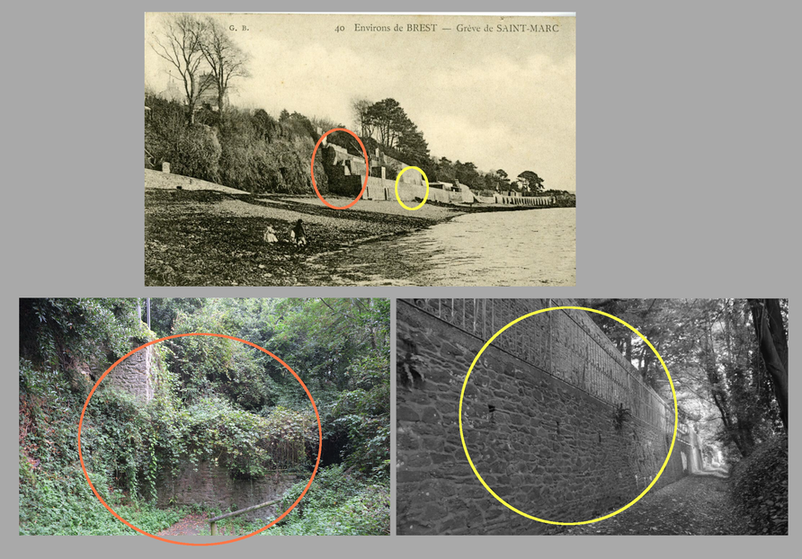 La photo d'époque (fanion bleu sur le plan de la carte) avec 2 photos actuelles et les correspondances
