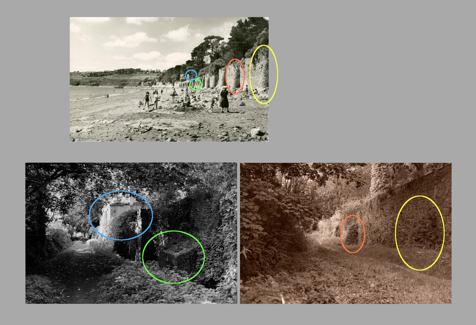 La photo d'époque (fanion rouge sur le plan de la carte) avec 2 photos actuelles et les correspondances
