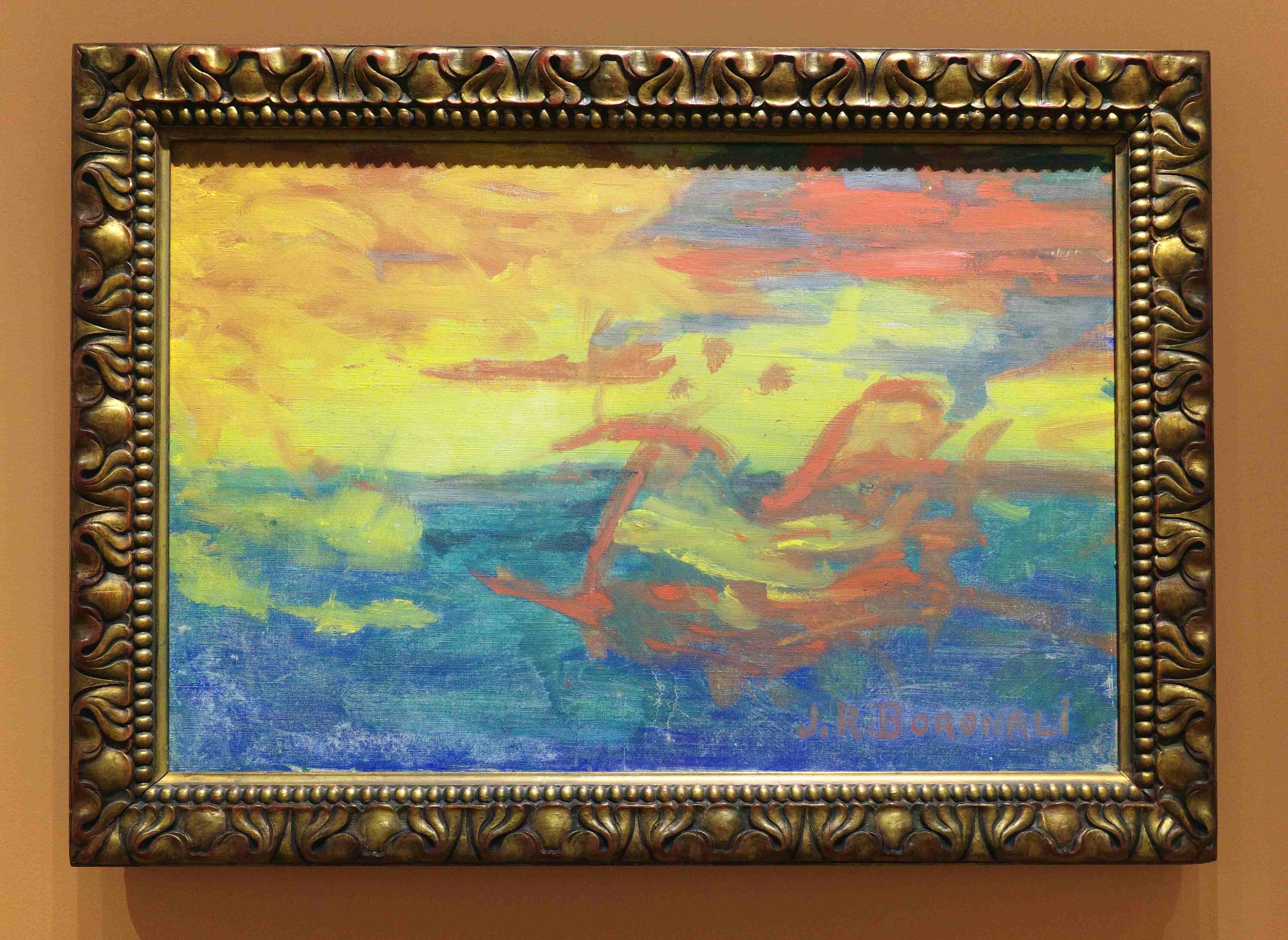 Parodie de l'impressionisme réalisée par un âne. Peinture de Lolo l'âne (dit Joachim-Raphaël Boronali, Et le soleil s'endormit sur l'Adriatique, 1910, toile.