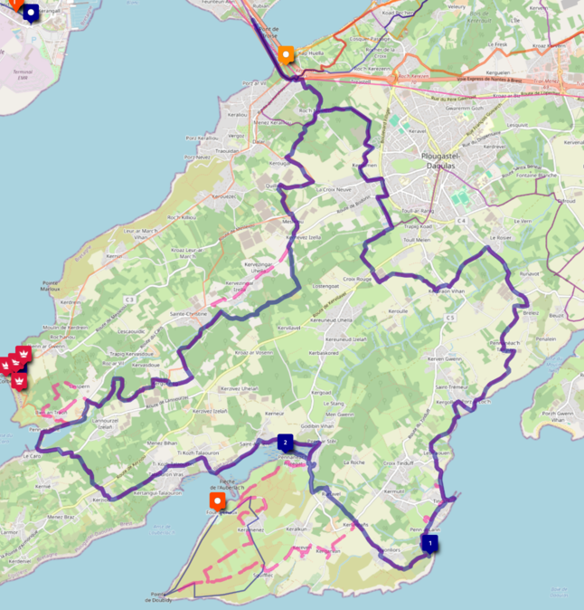 La carte (trajet en bleu épais, ma carte commence à devenir chargée)